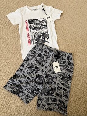 Eleven Paris Boys Anime Graphic T-Shirt & Shorts Set Size 8 NWT Cotton 2PC